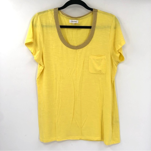 CALVIN KLEIN Pocket Tee Blouse Stretch Jersey Beaded Neckline L Yellow Top Women - Picture 1 of 5